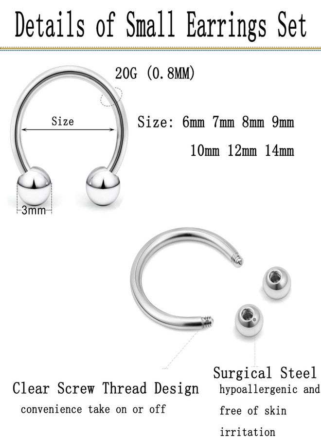 Earmark 20G Horseshoe Septum Nose Nostril Ring Hoop, 7 Pairs Circular Curved Barbell Externally Threaded, Silver Small Body Piercing Jewelry Set for Lip Eyebrow Belly labret Daith Tragus Helix - Image 4
