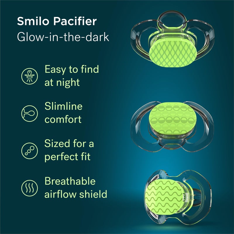 Smilo Baby Pacifier with Orthodontic Design for Healthy Dental Development - Stage 2 for Babies 3-9 Months - Pack of 3X 100% Silicone Pacifiers BPA Free - Glow-in-The-Dark - Image 3