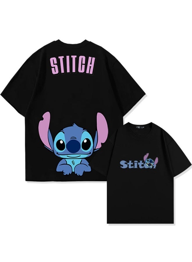 Anime Stitch cotton short-sleeved T-shirt for men and women summer tide brand loose off-shoulder half-sleeved clothes - Image 1