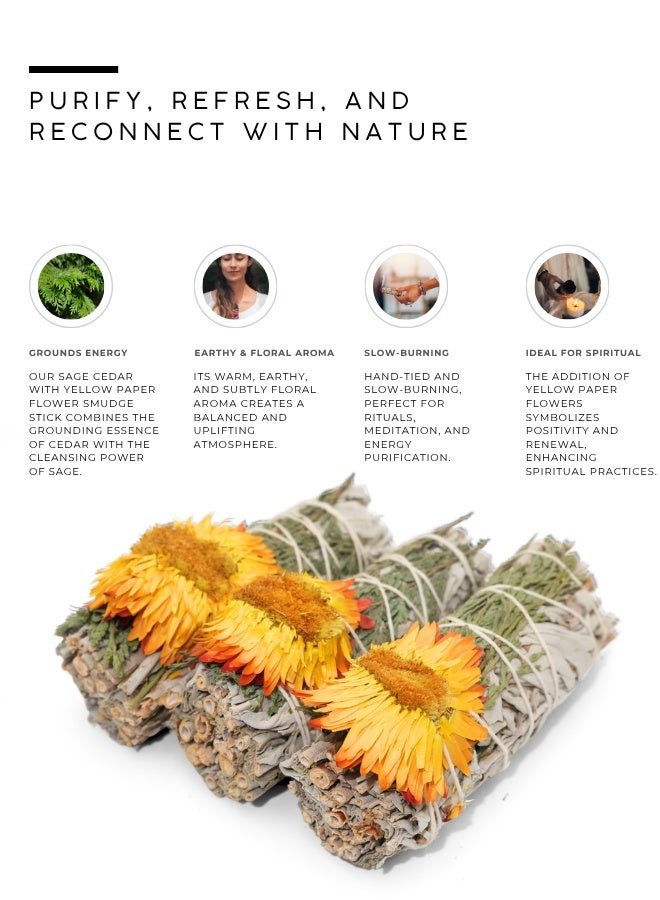 AWAFI MILL White Sage & Cedar with Yellow Paper Flower Smudge Stick | Hand-Tied Aromatic Bundle - Pack of 3 Stick - Image 5