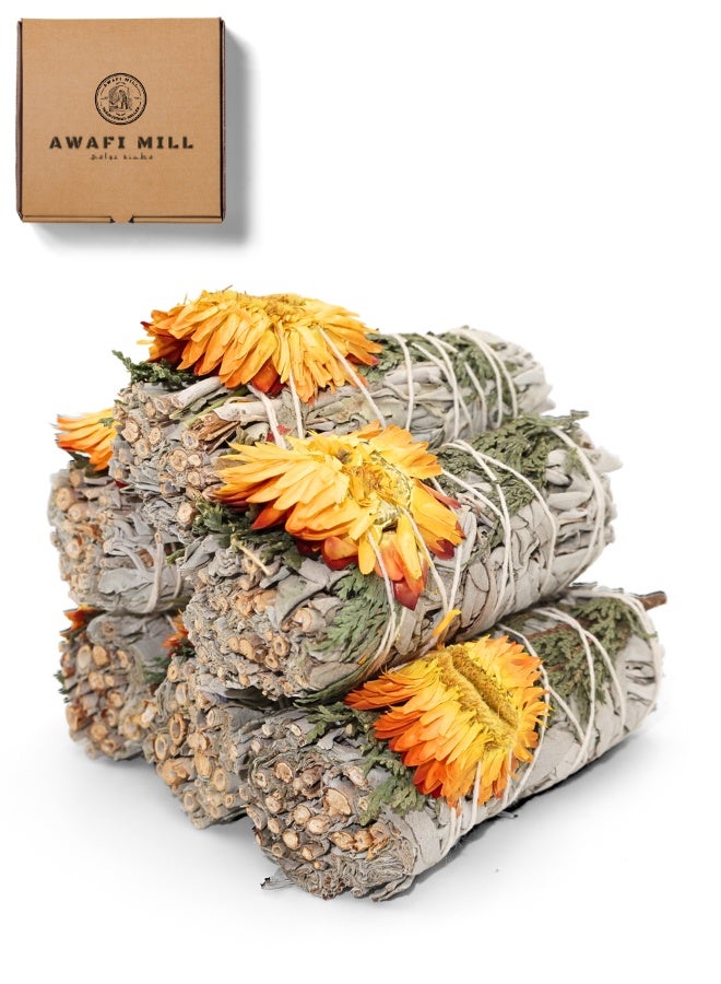 AWAFI MILL White Sage & Cedar with Yellow Paper Flower Smudge Stick | Hand-Tied Aromatic Bundle - Pack of 3 Stick - Image 1