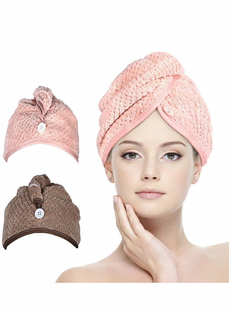 SYOSI - Drying Hair Towel, Microfiber Wrap Dry Cap, Magic Fast Towelette with Elastic Loop Button for Long Curly Anti-frizz All Types (Pink, Brown) - Image 1