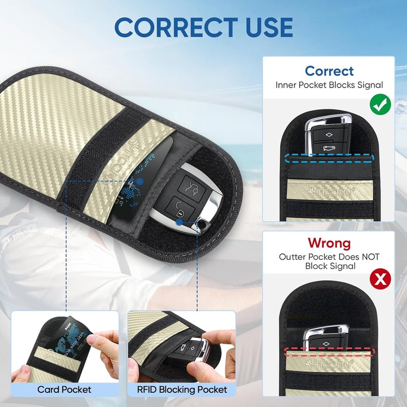 تيكون حقيبة فاراداي 2PK لمفتاح السيارة، 3.25 × 4.75 بوصة حماية قفص فار��داي، حجب إشارات RFID للسيارة، حقيبة مضادة للسرقة وعلبة مضادة للاختراق (بيج، S) - Image 4