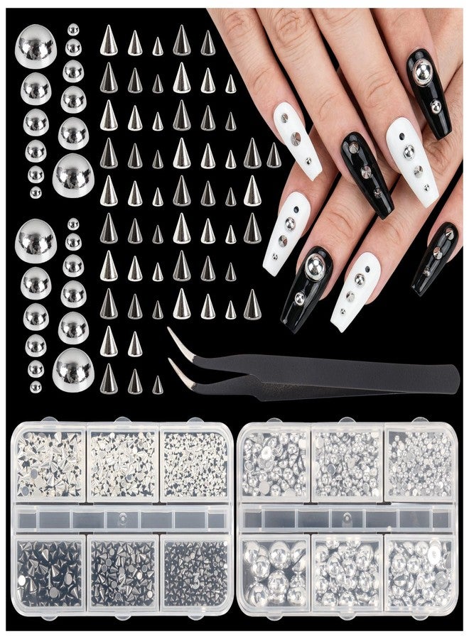 JOLYEAK 3D Mini Metal Gothic Nail Art Studs Mixed Sizes Cone Spikes Silver Half Round Steel Beads Nail for Women Punk Manicure Charms Goth DIY Crafts Accessories - Image 1