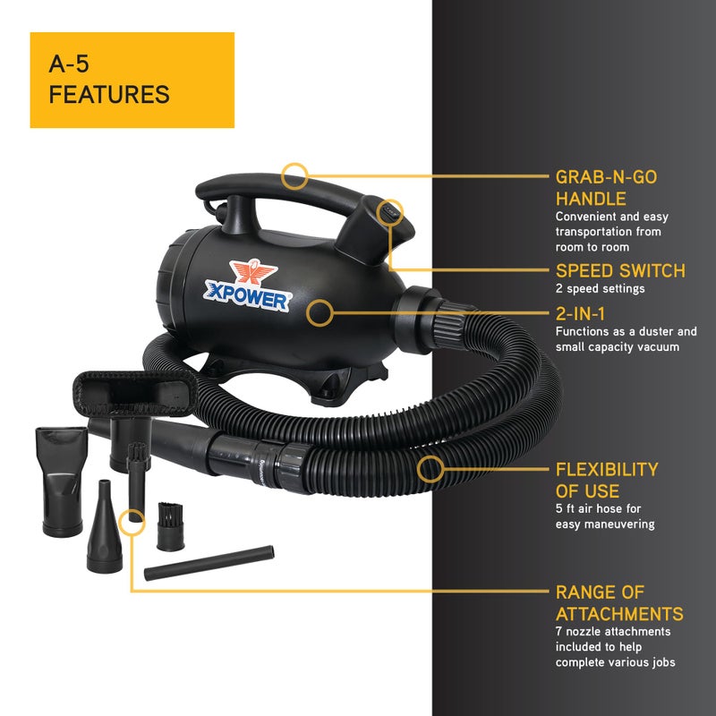 XPOWER A-5 منفاخ هواء كهربائي للتنظيف، التجفيف، النفخ، الشفط، تلميع السيارات، الكمبيوتر، نفخ الأوراق، 100 CFM، 5 فوهات + 2 فرشاة، محرك عالي الأداء، صديق للبيئة - Image 3