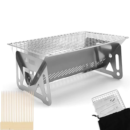 XINJIDUO Mini Portable Camping Grill with Bamboo Stick/Storage bag, Small Assemblable Removable BBQ Grill Tabletop Fire Pit for Camping Patio Outdoor Stainless Steel Camping Grill Folding Barbecue Grills - Image 1
