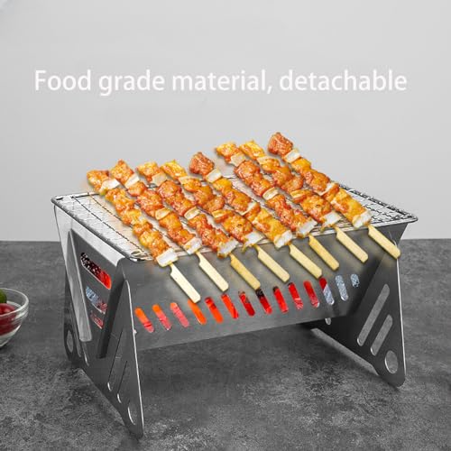 XINJIDUO Mini Portable Camping Grill with Bamboo Stick/Storage bag, Small Assemblable Removable BBQ Grill Tabletop Fire Pit for Camping Patio Outdoor Stainless Steel Camping Grill Folding Barbecue Grills - Image 2