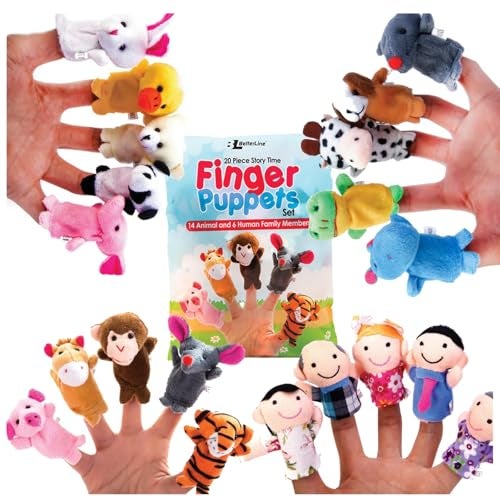 BETTERLINE 20Piece Story Time Finger Puppets Set Cloth Velvet Puppets 14 Animals and 6 People Family Members - Image 1