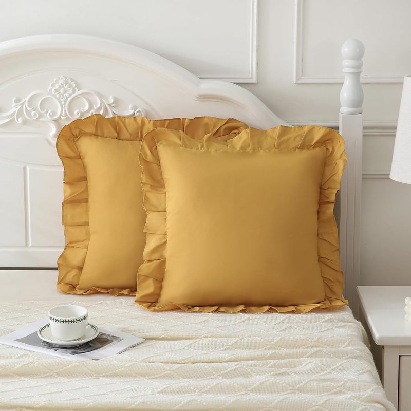 Merryword Mustard Yellow Pillowcases 18x18 Throw Pillow Covers Pack of 2 Soft Microfiber Ruffle Decorative Pillowcase Cushion for Couch Sofa Bedroom - Image 1