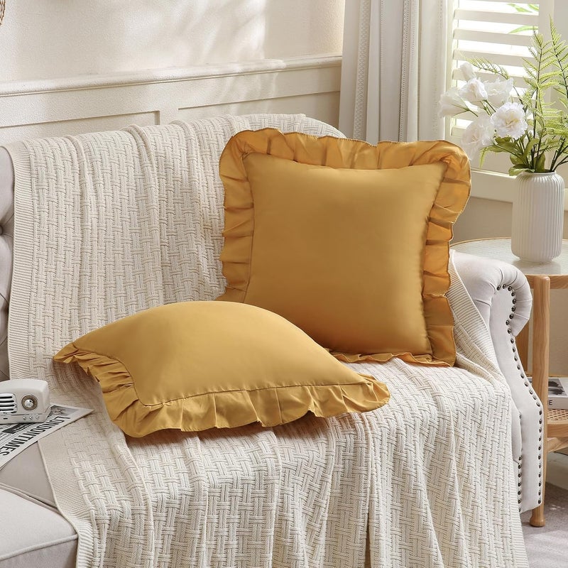 Merryword Mustard Yellow Pillowcases 18x18 Throw Pillow Covers Pack of 2 Soft Microfiber Ruffle Decorative Pillowcase Cushion for Couch Sofa Bedroom - Image 2