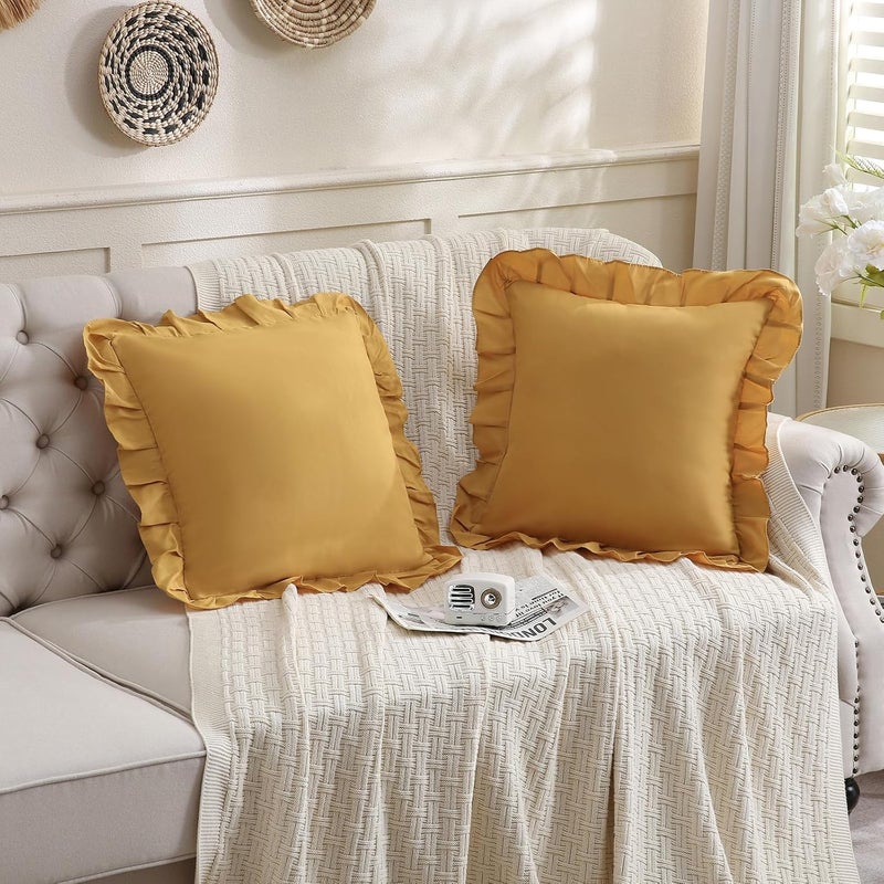 Merryword Mustard Yellow Pillowcases 18x18 Throw Pillow Covers Pack of 2 Soft Microfiber Ruffle Decorative Pillowcase Cushion for Couch Sofa Bedroom - Image 3