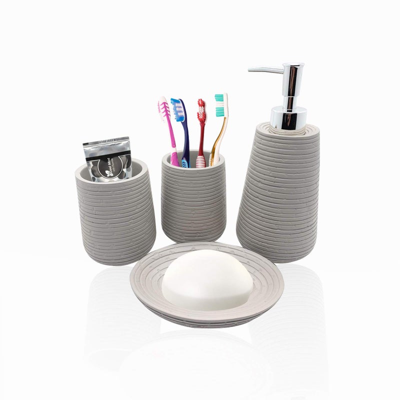 VOLO Resin Bathroom Accessories Set With Soap Dispenser, Tumbler, Soap Dish And Toothbrush Holder, Grey, (4 Piece) - Image 4