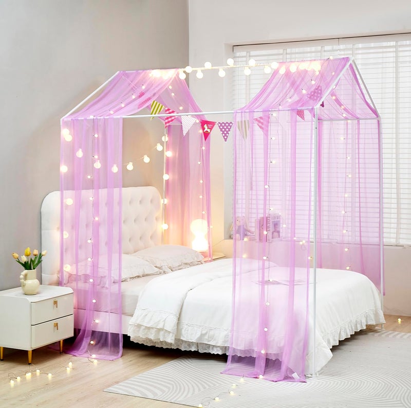 Mengersi House Bed Canopy Bed Curtains with LightsMontessori Floor Bed Canopy for Girls BoysFour Poster Bed Curtains House Bed Decoration TwinTwin XL Purple