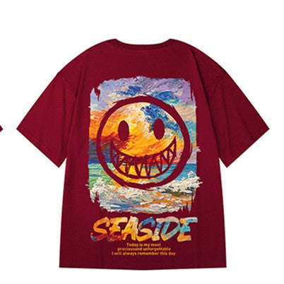 Hip-Hop National Fashionable Clothes Short-Sleeved Mens Fashionable Brand Fashionable Panda Large Size T-Shirt Loose Half-Sleeved Couple Mens Fashionable Half-Sleeved T-Shirt T74 wine red 