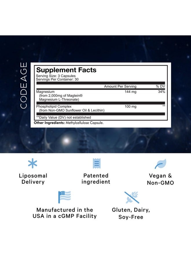 Codeage Codeage Liposomal Magnesium L-Threonate Supplement, Patented Magtein Magnesium Threonate for Brain Health, Memory and Cognitive Function Support, Bioavailable, Non-GMO - 90 Capsules  - Image 2