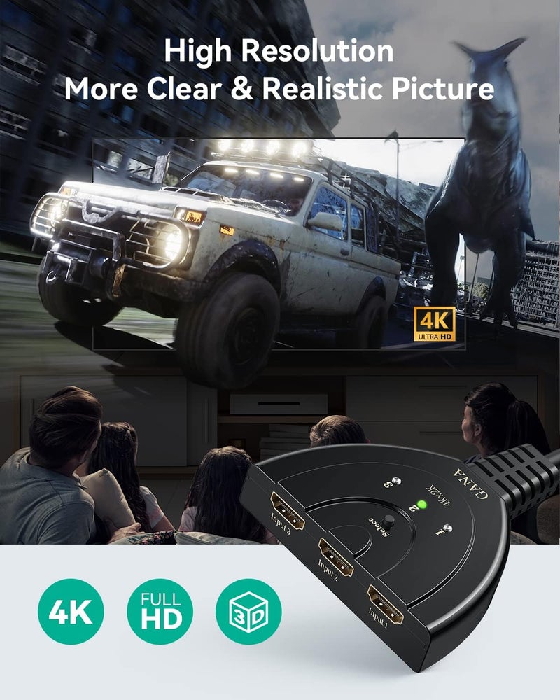 جانا محول HDMI 4K، محول HDMI متعدد المنافذ من GANA، 3 مدخلات و1 مخرج، مع كابل عالي السرعة، محول ومقسم HDMI يدعم TV Fire Stick، Xbox، PS5 PS4، Blu-Ray， DVD، PC، Roku - Image 5