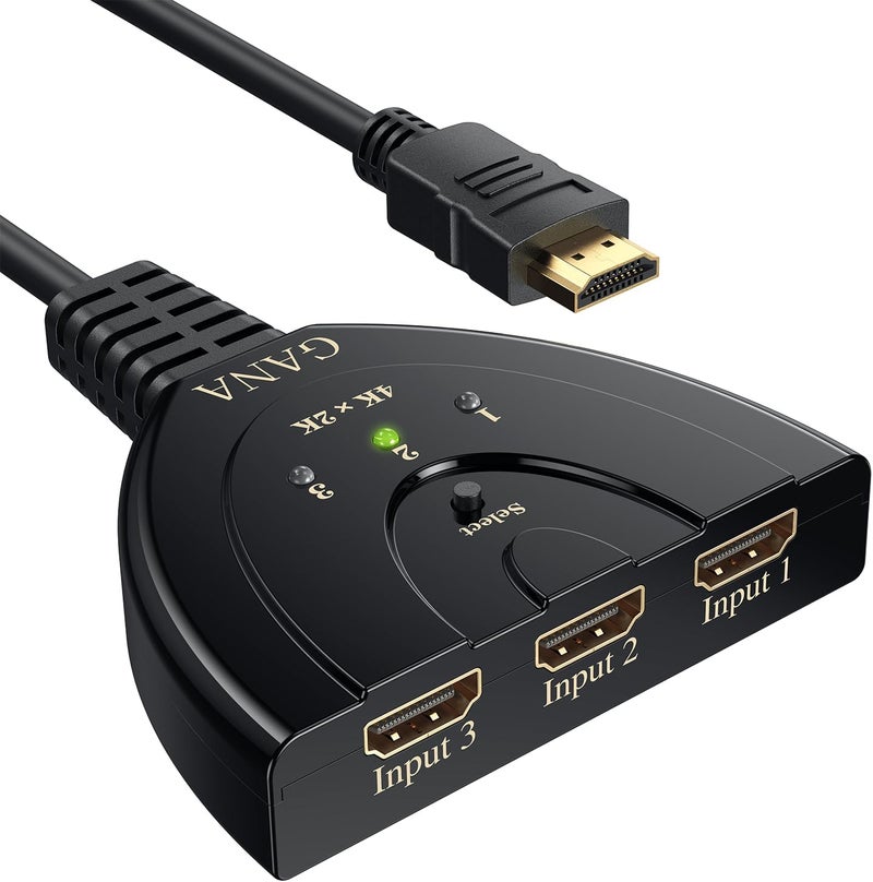 جانا محول HDMI 4K، محول HDMI متعدد المنافذ من GANA، 3 مدخلات و1 مخرج، مع كابل عالي السرعة، محول ومقسم HDMI يدعم TV Fire Stick، Xbox، PS5 PS4، Blu-Ray， DVD، PC، Roku - Image 1