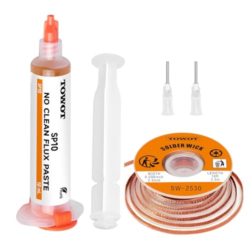 TOWOT 10ft Solder Wick Braid & No-Clean Soldering Flux Paste (10cc) - Desoldering Kit for Electronics Repair, PCB, Circuit Board Rework - Image 1