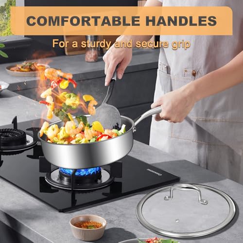 EWFEN Tri-Ply Stainless Steel Frying Pan 3QT, 10 Inch Deep Frying Pan with lids, Skillet, Induction Cooking Pan, Dishwasher and Oven Safe, Fast & Even Heat, Heavy Duty and Detachable Handle - Image 3