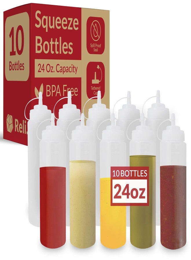 Reli. Plastic Squeeze Bottles, 24 oz. | 10 Pack | Condiment Squeeze Bottles for Sauces | Clear w/Tethered Caps | 24 Ounce Hot Sauce, Ketchup Bottles |Squirt Bottles for Condiments, Olive Oil, Liquids - Image 1