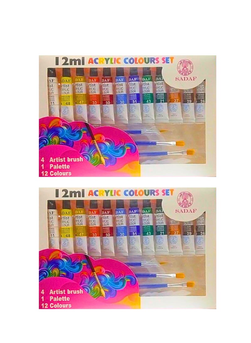 Sadaf Acrylic Colors Set 12ml 12 Colors With Brushes And Plastic Palette 2-Sets - Image 2