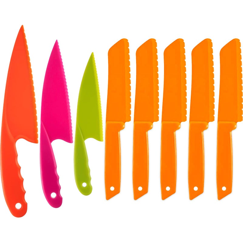 JOVITEC 8 Pcs Kid Cooking Kitchen Knife Set, Plastic Serrated Edges Children's Safe Chef Nylon Knives for Cutting Fruit Bread Cake Salad Lettuce Kids Cooking Supply(Orange Square Knife) - Image 1