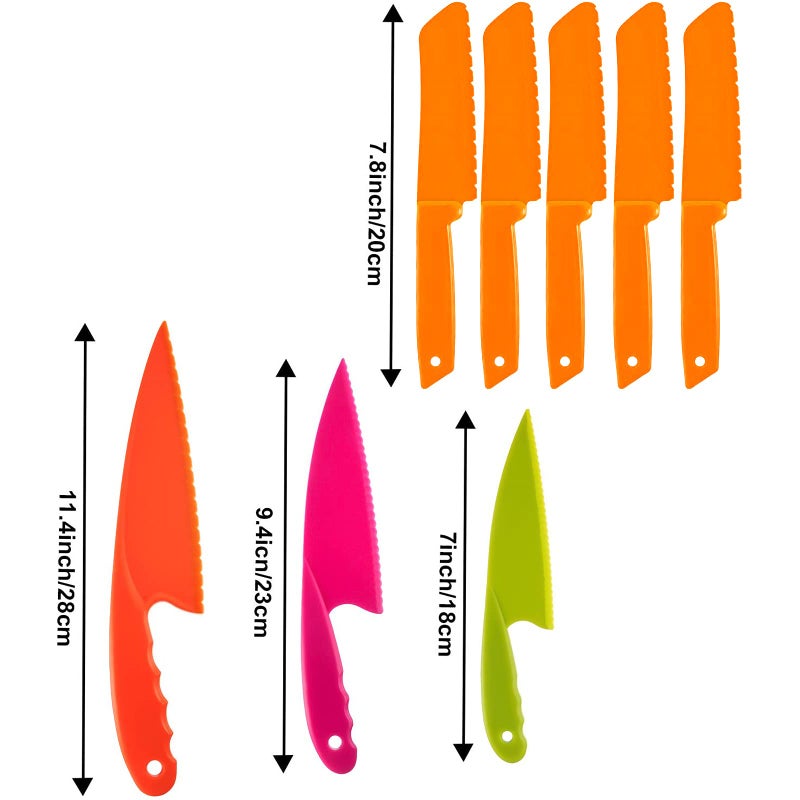 JOVITEC 8 Pcs Kid Cooking Kitchen Knife Set, Plastic Serrated Edges Children's Safe Chef Nylon Knives for Cutting Fruit Bread Cake Salad Lettuce Kids Cooking Supply(Orange Square Knife) - Image 2