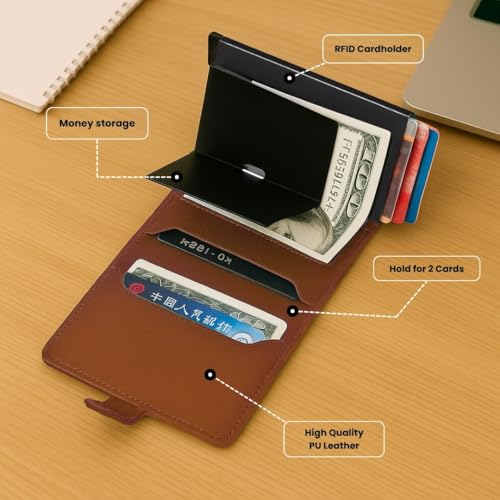 Giftana Leather RFID Blocking Pop up Metal Card Holder for Men and Women, RFID Protected Pop Up Slim Credit Debit Case Holder, Birthday Gifts for Doctor, Husband, Father, Diwali Gifts (Brown) - Image 2