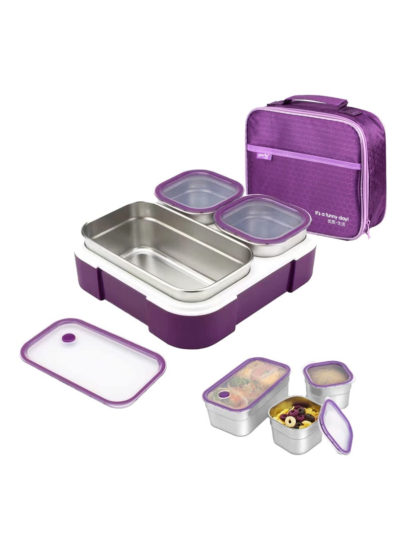 Yooyee Stainless Steel Lunch Box for Kid School, Insulated Bento Lunch Box with Bag, 3 Compartment Divided Lunch Containers with Lids, Leakproof, BFA Free, Dishwasher Safe, 720ML Purple - Image 1