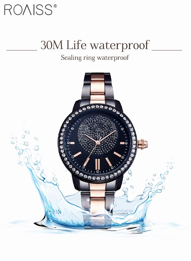 رويس ساعة كوارتز نسائية بحزام فولاذي، ساعة بمينا أسود دائري مع زخرفة بأحجار الراين، ساعة أنيقة مقاومة للماء كهدية للنساء - Image 4