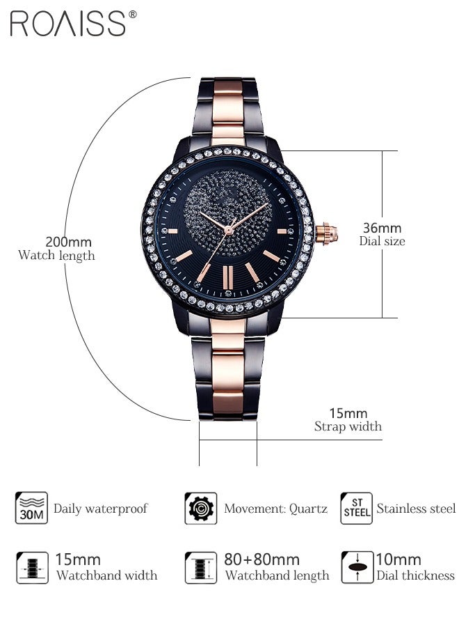 رويس ساعة كوارتز نسائية بحزام فولاذي، ساعة بمينا أسود دائري مع زخرفة بأحجار الراين، ساعة أنيقة مقاومة للماء كهدية للنساء - Image 3