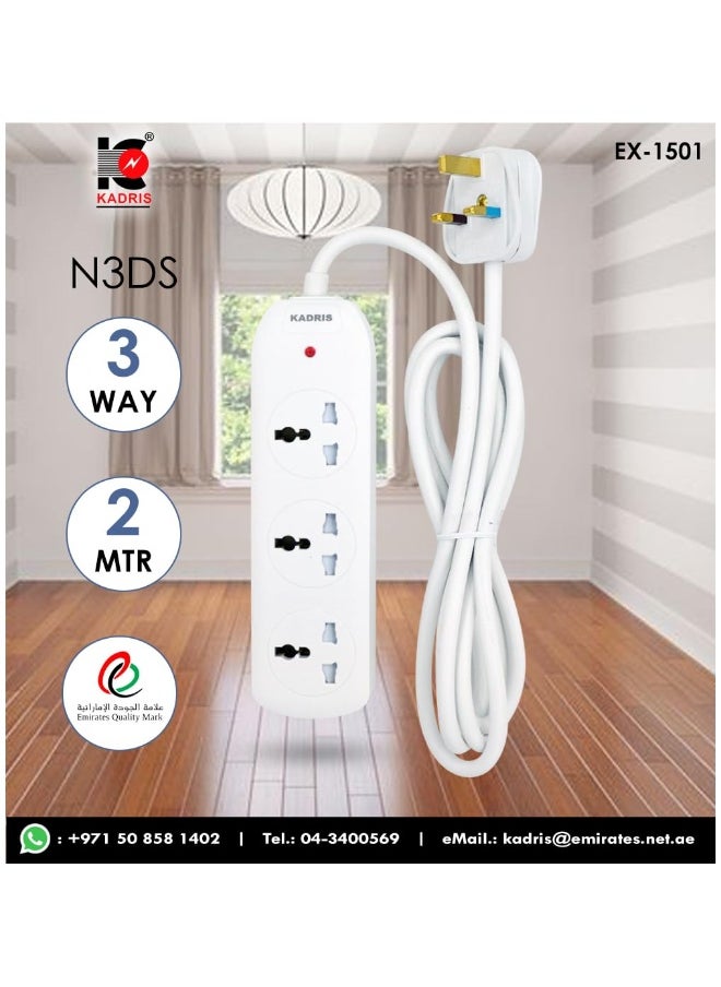 KADRIS - Power Strips N3DS Extension Cord with 3 way Outlets, Charging Socket with 2 meter Heat resistant  Extension Cord (White) ESMA approved - Image 1