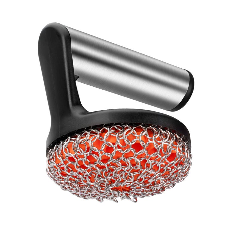 Skyflame Cast Iron Scrubber with Handle, Stainless Steel Chainmail Cleaner for Pans and Skillets - Cast Iron Cookware, Ovens and Grills Cleaning Accessory - Image 1