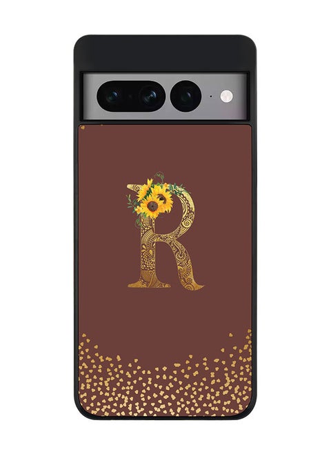 Rugged Black edge case for Google Pixel 7 Pro Slim fit Soft Case Flexible Rubber Edges Anti Drop TPU Gel Thin Cover - Custom Monogram Initial Letter Floral Pattern Alphabet - R (Brown )