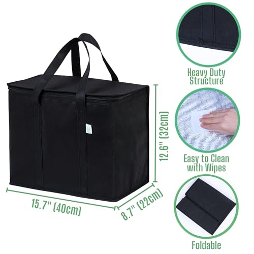 VENO 3 Pack Insulated Reusable Grocery Shopping Bag Food Delivery Cooler Bag Heavy Duty Large Size Durable Handles Dual Tab Zips Lid Stands Upright Collapsible Sustainable Black 3 Pack - Image 3