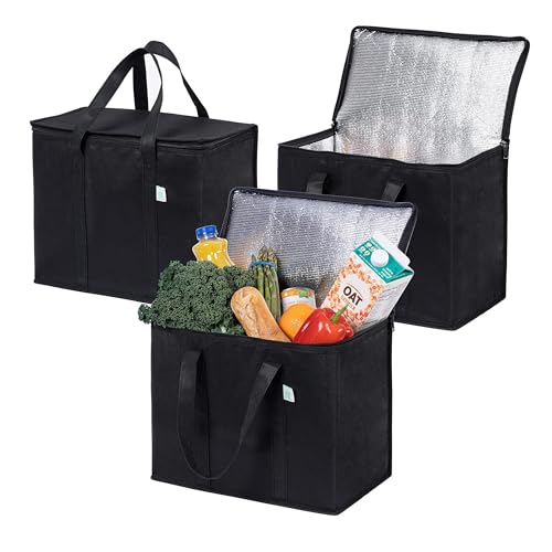 VENO 3 Pack Insulated Reusable Grocery Shopping Bag Food Delivery Cooler Bag Heavy Duty Large Size Durable Handles Dual Tab Zips Lid Stands Upright Collapsible Sustainable Black 3 Pack - Image 1