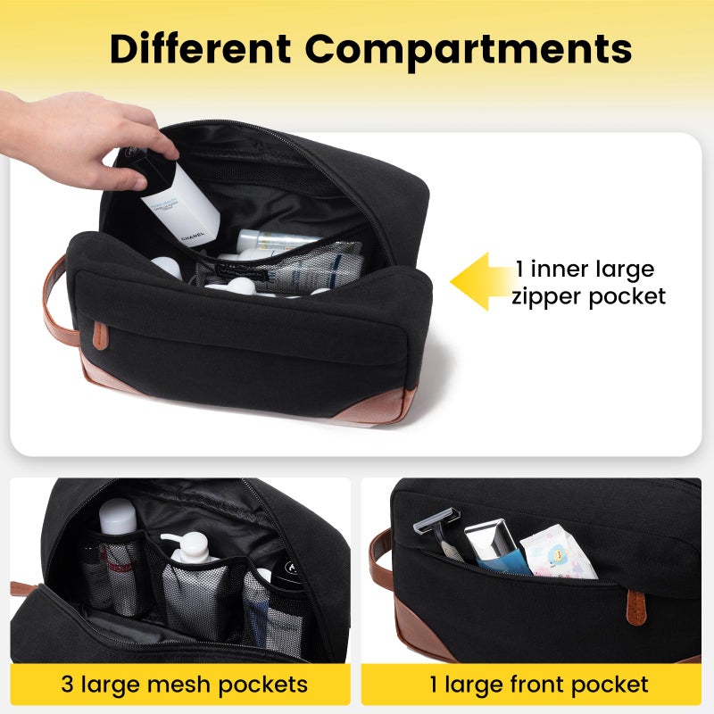 Vorspack Large Travel Toiletry Bag - Hanging Toiletry Bag for Men Water Resistant Canvas Shaving Bag with Large Capacity for Home Travel - Black - Image 3