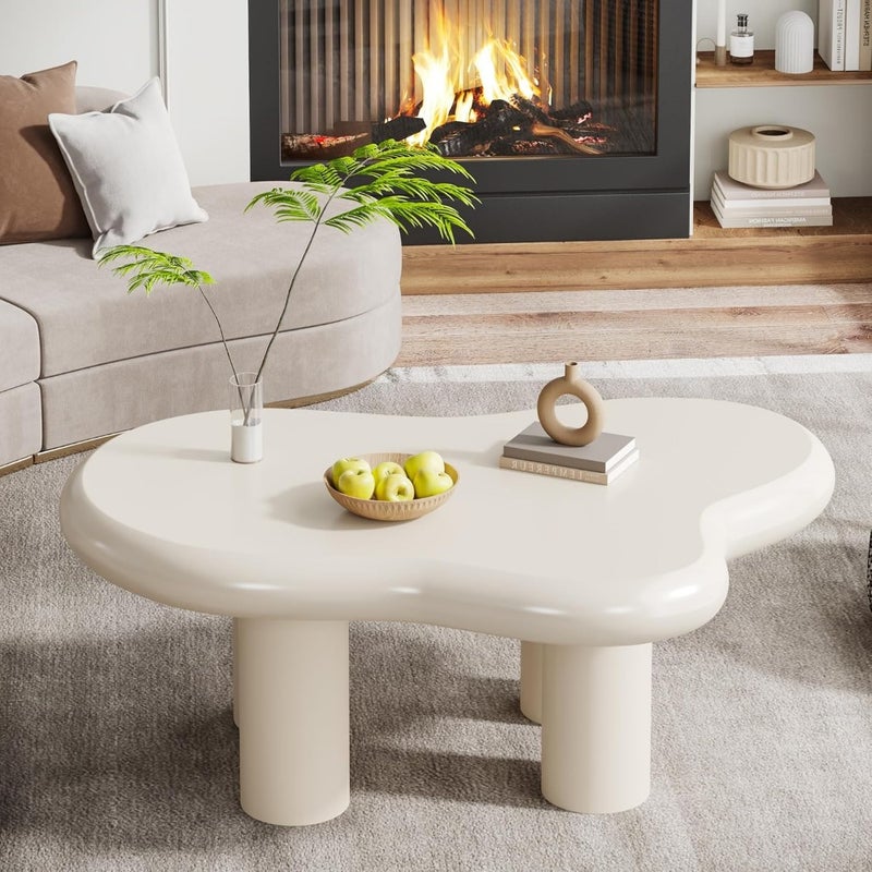 100cm Cloud Coffee Table, Cute Cream Coffee Table with 4 Solid Legs, Modern Carton Center Table for Living Room, Home Office, Funky Minimalist Tea Table White - Image 1