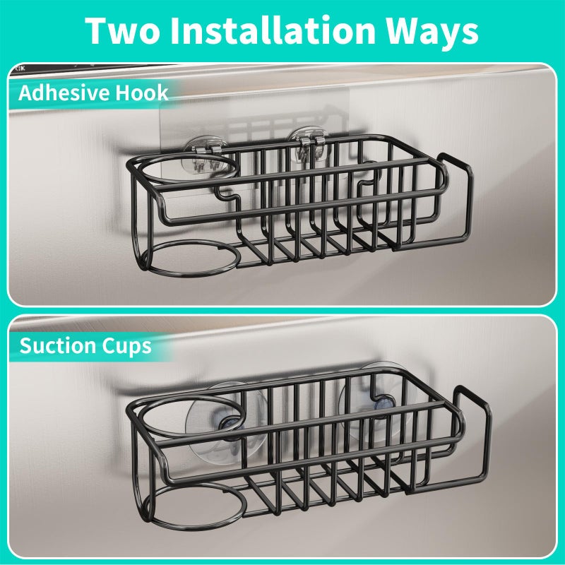 HapiRm 4 in 1 Kitchen Organizers and Storage, SUS304 Stainless Steel Brush Holder + Dish Cloth Hanger + Soap Rack + Sink Stopper Rack, No Drill Kitchen Essentials - Black - Image 2