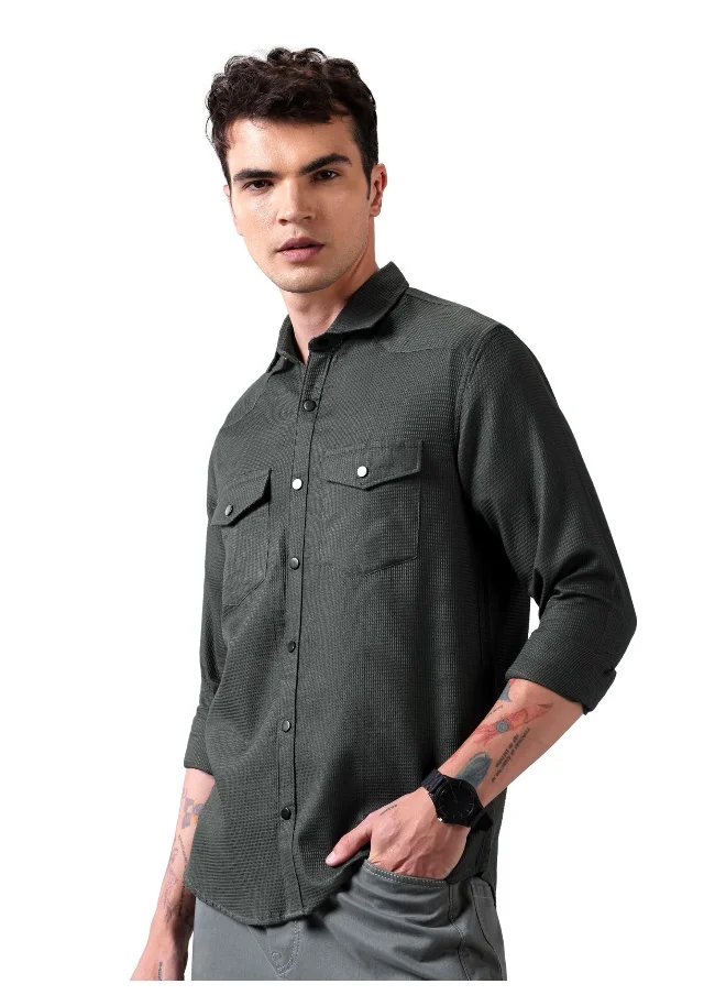 بيونغ Dark Grey Waffle Cotton Casual Shirt for Men