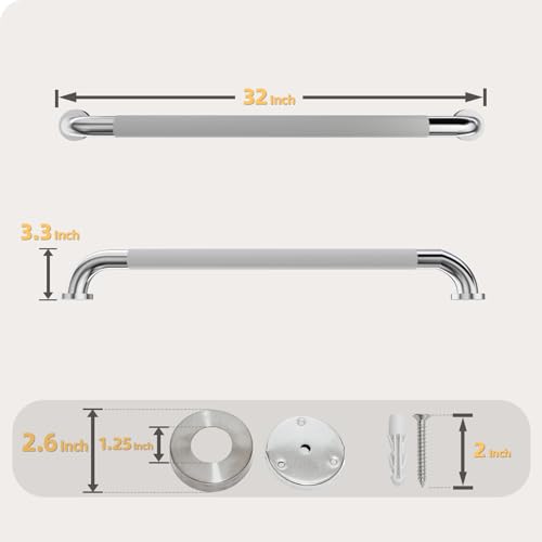 Bmoytu 32 Inch Shower Grab Bar Bathroom Grab Bar Handle with AntiSlip Knurled Grip Stainless Steel Bath Balance Bar Bath Safety Bar Support for Seniors Elderly Pregnant Shower Hand Rails Brushed Nickel - Image 3