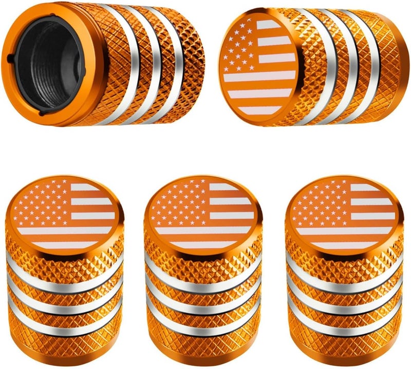 DECURCAR Tire Valve Stem Caps - (5 Pack) Tire Air Caps Metal with Plastic Liner Corrosion Resistant Leak-Proof American Flag for Car Truck Motorcycle Bike Orange - Image 1