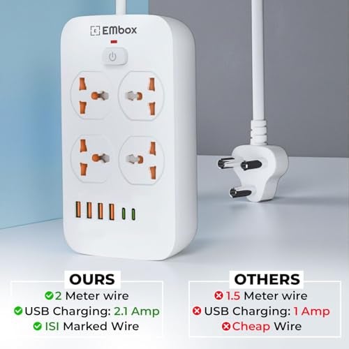 Embox Extension Board 5 Meter Cable with USB Type C | Extension Board with Switches 6A Spike Guard 4 Universal Sockets Extension Cord | Safety Shutter LED Indicator-2500W - Image 3