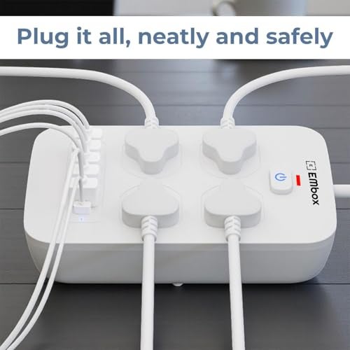 Embox Extension Board 5 Meter Cable with USB Type C | Extension Board with Switches 6A Spike Guard 4 Universal Sockets Extension Cord | Safety Shutter LED Indicator-2500W - Image 4