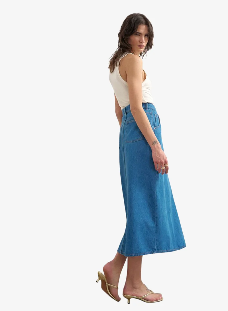 TOPSHOP Millie Contrast Stitch Denim Maxi Skirt