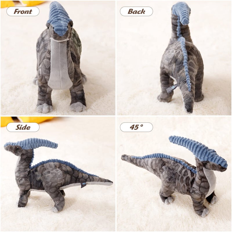 AULUDA Dinosaur Plush Toy, 16" Parasaurolophus Stuffed Animal Throw Plushie Pillow Doll, Soft Grey Fluffy Friend Hugging Cushion - Present for Every Age & Occasion - Image 2