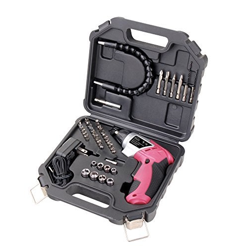 Apollo Tools Lightweight Cordless Screwdriver Set Includes Rechargeable 36 Volt Liion Screwdriver and 45 Piece Accessory Set in Black Carrying Case Pink Ribbon Pink DT4944P