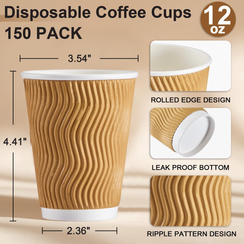 SIUQ Coffee Cups 12 oz 150 Pack, Insulated Ripple Wall Paper Coffee Cups 12 oz, Disposable Coffee Cups, Hot Beverage/Cold Drinking Cups for Office,Home,Party,Cafe,Picnic,Travel (Champagne) - Image 2