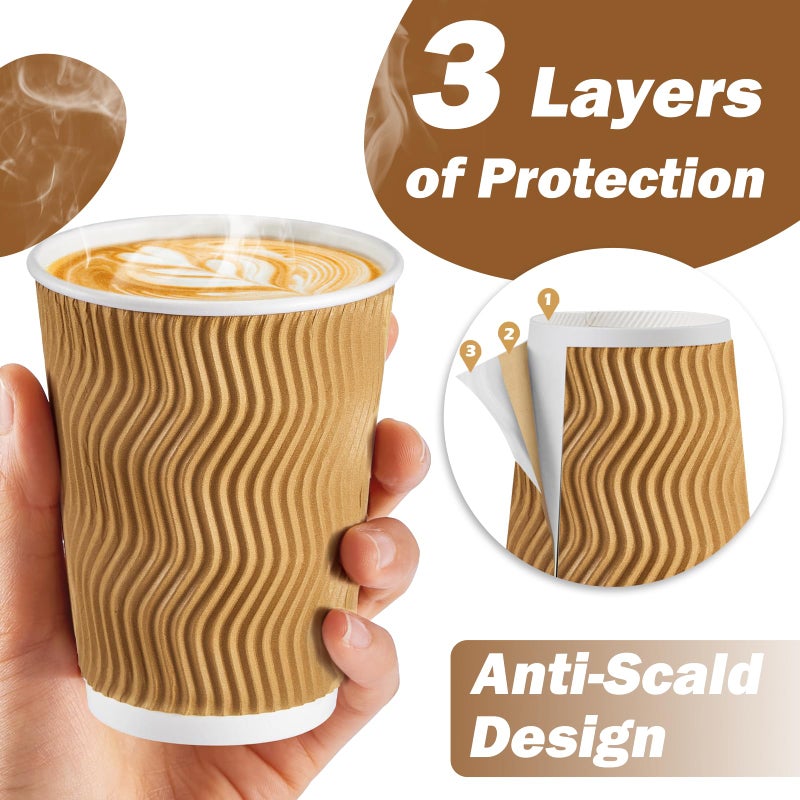 SIUQ Coffee Cups 12 oz 150 Pack, Insulated Ripple Wall Paper Coffee Cups 12 oz, Disposable Coffee Cups, Hot Beverage/Cold Drinking Cups for Office,Home,Party,Cafe,Picnic,Travel (Champagne) - Image 3