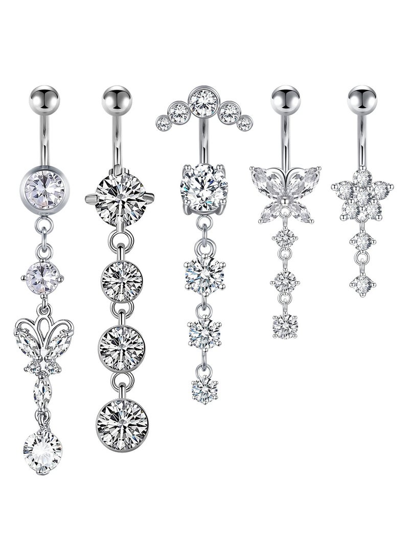 Innoshine 5 PCS Stainless Steel Belly Piercing Rings Set ,  Long Dangle Navel Rings, Screw Bar Design,  Rhinestone studded Sexy Vacation Style,  Theme Body Piercing Jewelry for Women and Girls birthday gifts - Image 1